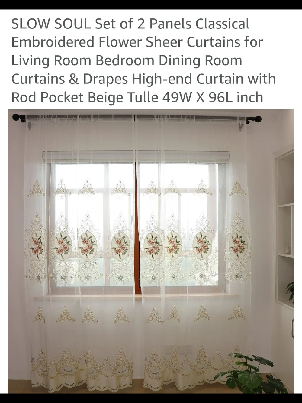 Slow Soul Classical Embroidered Flower Sheer Curtains - 2 Panels Size 49W by 96L